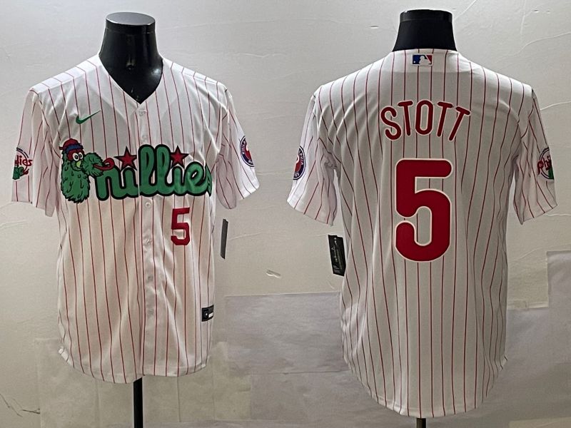 Men Philadelphia Phillies #5 Stott White Stripe Three generations Joint Name Game 2025 Nike MLB Jersey style 4->philadelphia phillies->MLB Jersey